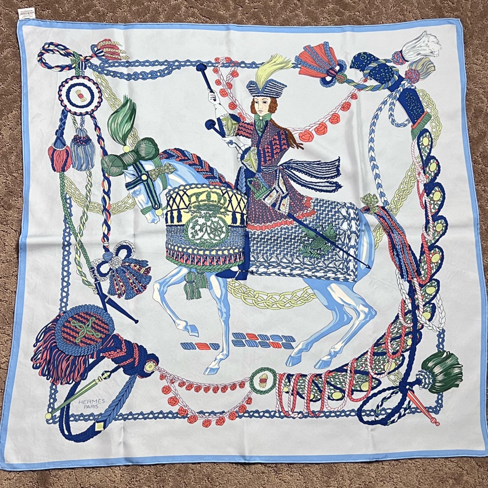 Hermès "Le Timbalier" Bleu Ciel Silk Twill Scarf
